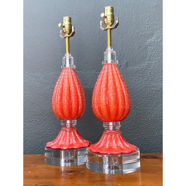 This striking set of vintage Italian table lamps exemplifies the celebrated artistry of Murano glassmaking. Each lamp...