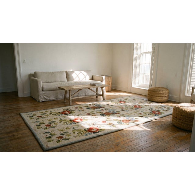 Textile 1890s White Ivory Floral Antique English Needlepoint Rug 5'9" X 12'8 Flatweave Wool Carpet For Sale - Image 7 of 7