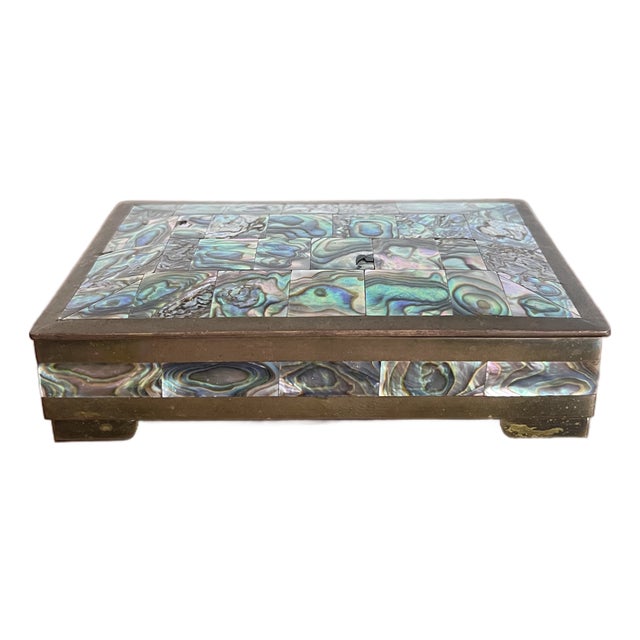 Vintage Taxco Mexico Brass & Abalone Shell Mosaic Jewelry Box, Mid-Century For Sale