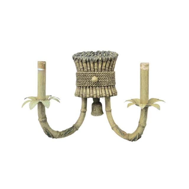 Vintage Faux Bamboo Tassel Pale Green Palm Leaf Raffia Shade 2 Arm Wall Sconce Lamp For Sale In West Palm - Image 6 of 10