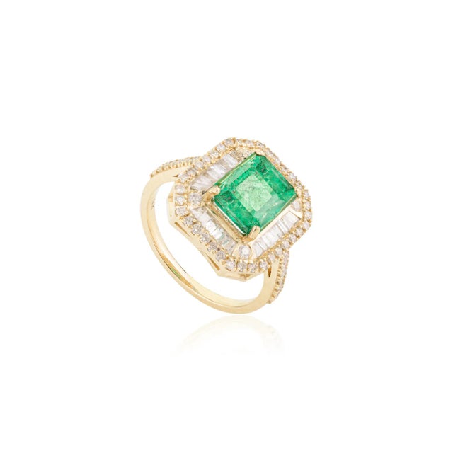 Boho Chic Bewitching Elate Ring With Emerald & Double Halo Diamonds Size 6 For Sale - Image 3 of 10
