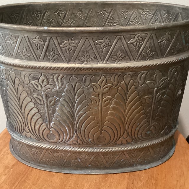 Vintage Middle Eastern Silver on Brass Embossed Floral Pattern Oval Jardinière/Planter W/Handles For Sale - Image 11 of 12