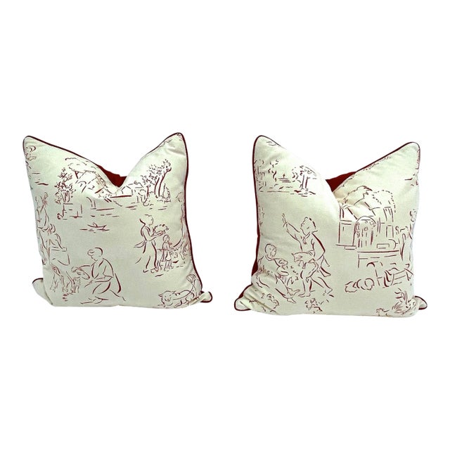 Vintage Red & White Scenic Toile Pillows, Pr For Sale