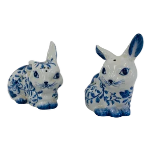 Andrea by Sadek Blue and White Bunny Salt and Pepper Shakers - a Set
