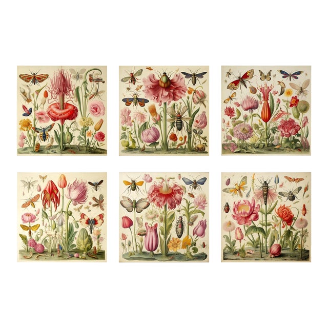 # Set of 6 - 54" X 36" Gallery Wall Installation 'Insects and Flowers' Botanical Floral Prints, Unframed For Sale