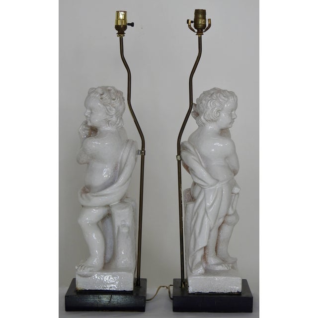 20th Century Pair of White Glazed Terracotta Cherub Lamps on Wooden Bases For Sale - Image 9 of 10