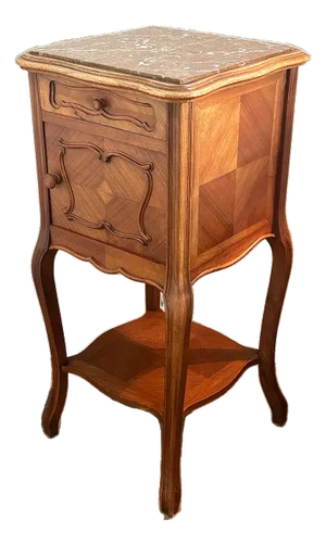 Antique French Provincial Louis XV Walnut Bed Side Table With Marble Top
