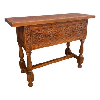 1940s Spanish Renaissance Low Console Table with Carved Front and Single Drawer For Sale