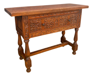 1940s Spanish Renaissance Low Console Table with Carved Front and Single Drawer