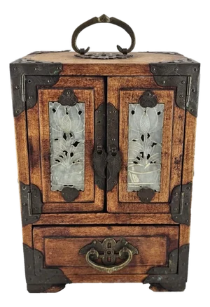 Vintage Chinese Rosewood Jewelry Box W/ Jade Panels Brass Trim & Silk Lining