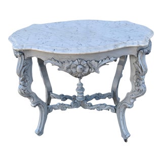Antique Victorian Carved Walnut Turtle Top Table W/Marble in Distressed Gray For Sale