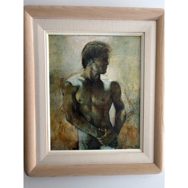 An evocative vintage figurative painting depicting a contemplative shirtless male subject in profile. The artist uses a...