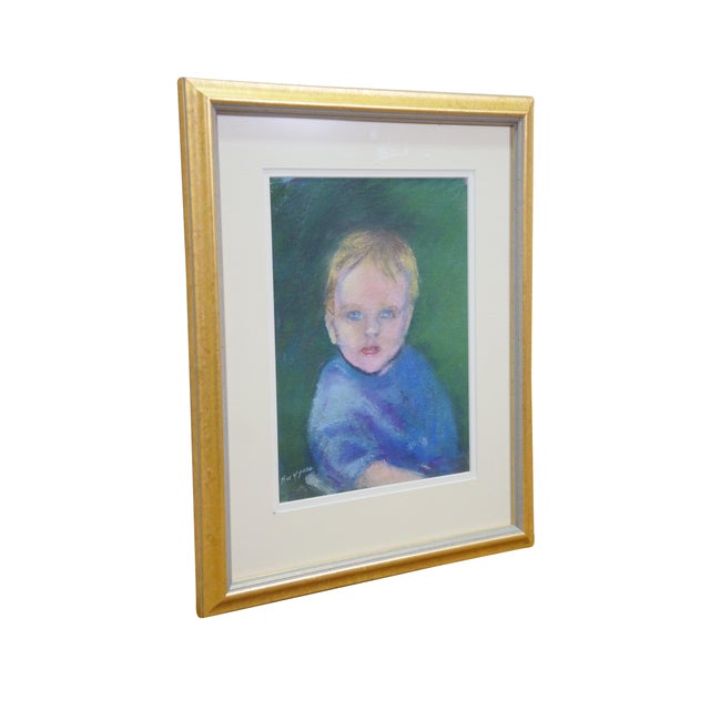 Vintage original pastel portrait painting of a young boy dressed in blue. Signed lower left. Dimensions: 13.75" x 1" x...
