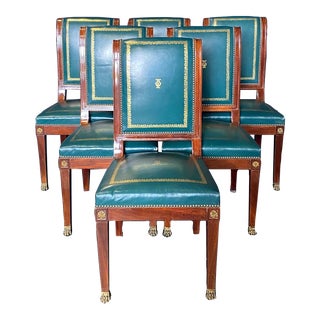 French Antique Leather Gold Embossed Neoclassical Dining Chairs- Set of 6 For Sale