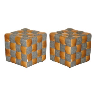 Harris Tweed and Brown Leather Poufs, Set of 2 For Sale