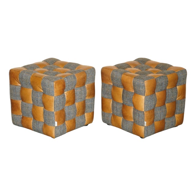 Harris Tweed and Brown Leather Poufs, Set of 2 For Sale