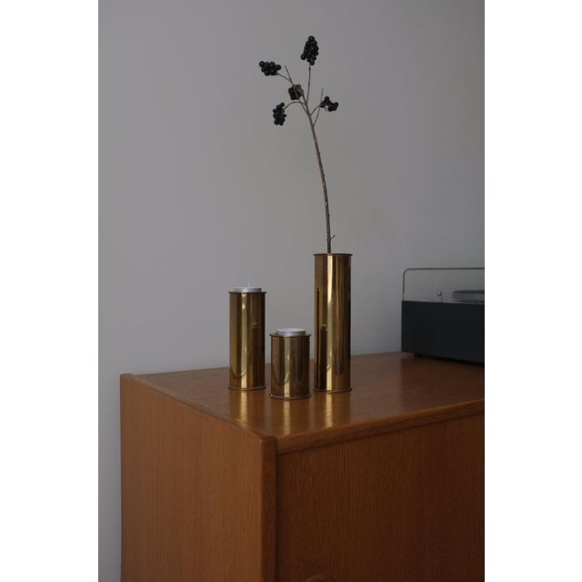 Set of 3 vintage brutalist brass candle holders or vases from staffan englesson ab stockholm. Heavy. dimensions - h...