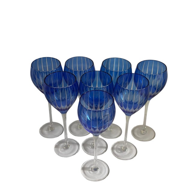 A set of six late 1990s blue etched crystal wine stems. All in excellent condition with no chips, cracks or flea bites....