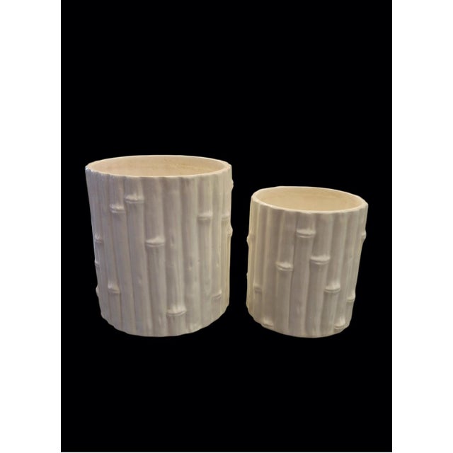 Ceramic Vintage Ceramic Faux Bamboo White Regency Style Planters Cache Pots- A Pair For Sale - Image 7 of 8