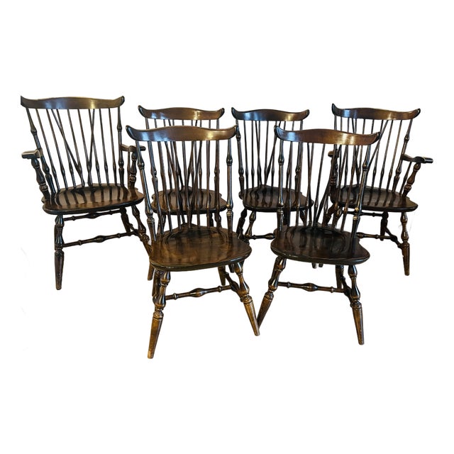Gorgeous Set 6 1940s Pennsylvania Farmhouse Fiddleback Windsor Dining Chairs Elm For Sale