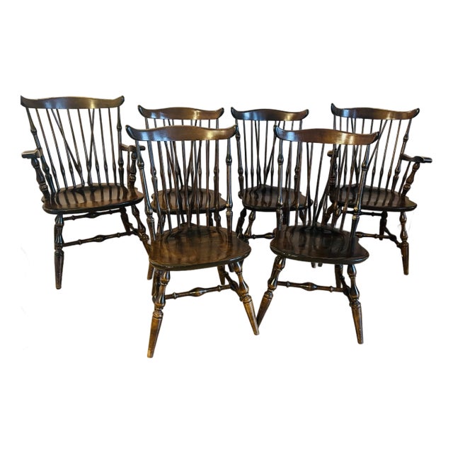 Gorgeous Set 6 Farmhouse Fiddleback Windsor Dining Chairs Elm For Sale