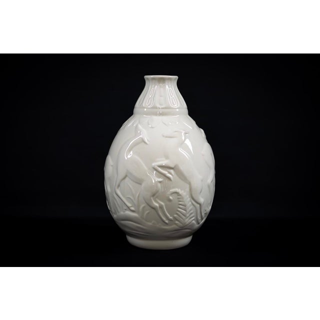 Charles Catteau Art Deco White Glazed Earthenware Vase with Relief Decor by Fantaisie de Charles Catteau for Boch Frères La Louvière Keramis, 1920s For Sale - Image 4 of 13
