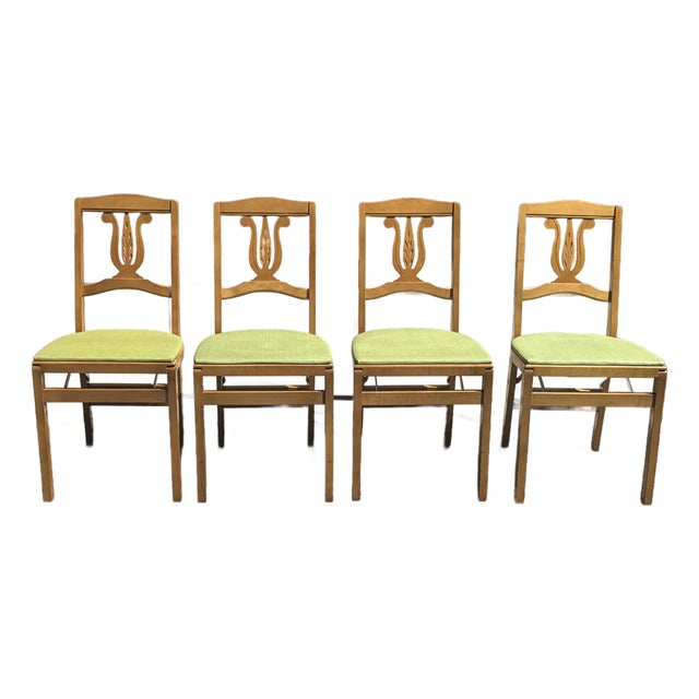 1950s Mid-Century Stakmore Lyre Back Folding Chairs - Set of 4 (With Original Labels) For Sale
