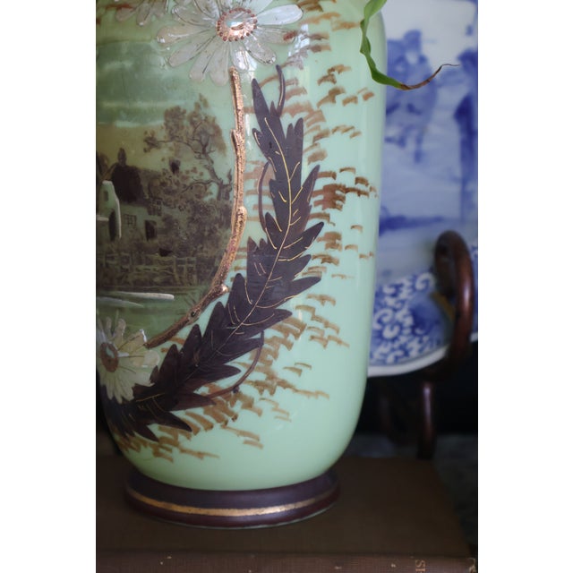 Late 19th-Century Victorian Bristol-Style Green Opaline Scenic Glass Vase For Sale - Image 10 of 18