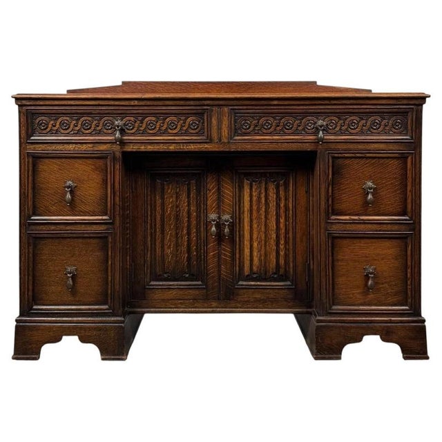 Antique Early 20th Century English Edwardian Carved Oak Desk For Sale - Image 13 of 13