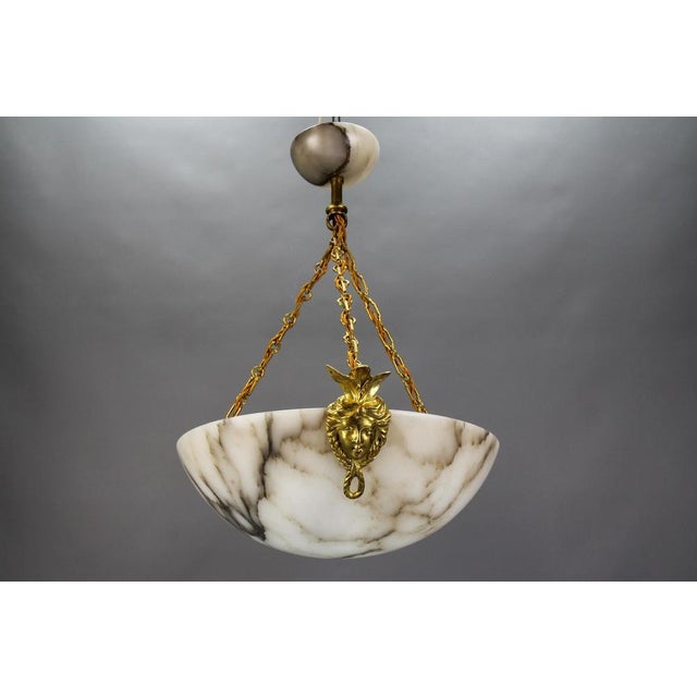 White Alabaster and Bronze Three-Light Pendant Chandelier, France, 1920s For Sale - Image 13 of 18
