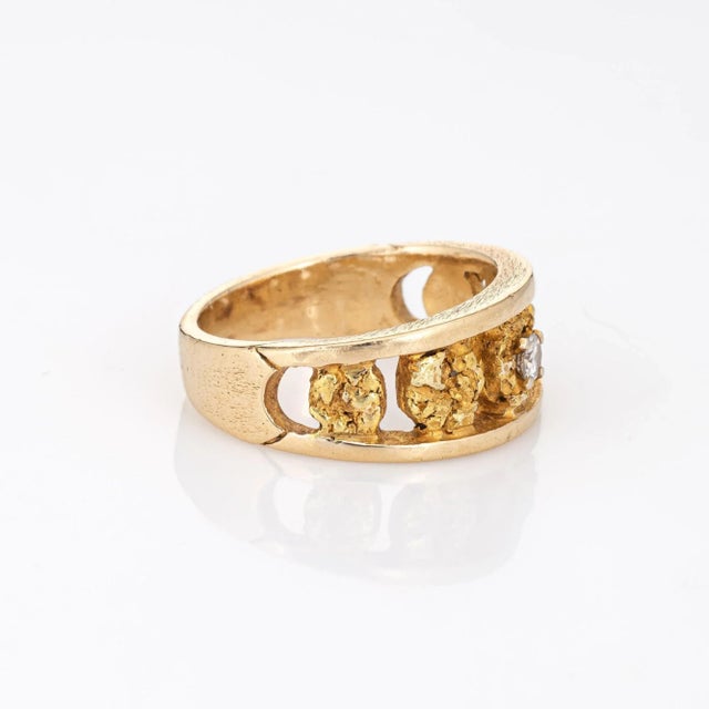 Modern Vintage 70s Nugget Ring 24k Gold Diamond Sz 7 14k Stacking Band Fine Jewelry For Sale - Image 3 of 7
