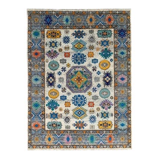 9x12 Ivory Hand-Knotted Wool Floral Constellation Tribal Modern Carpet Rug For Sale