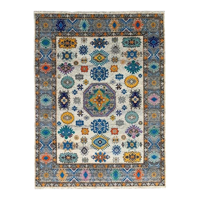 9x12 Ivory Hand-Knotted Wool Floral Constellation Tribal Modern Carpet Rug For Sale