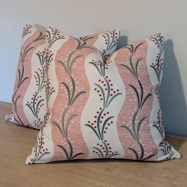 Nina Campbell Sidney Stripe Pillows in Coral/Teal/Pink- Pair For Sale - Image 4 of 6