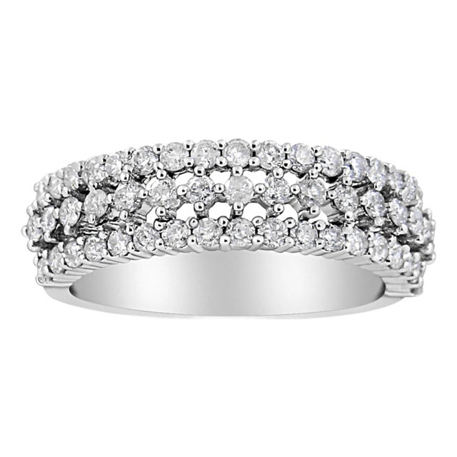 14K White Gold 1.0 Cttw Prong Set Round Diamond Split Shank Three Row Band Ring (H-I Color, I2-I3 Clarity) - Size 7.75 For Sale