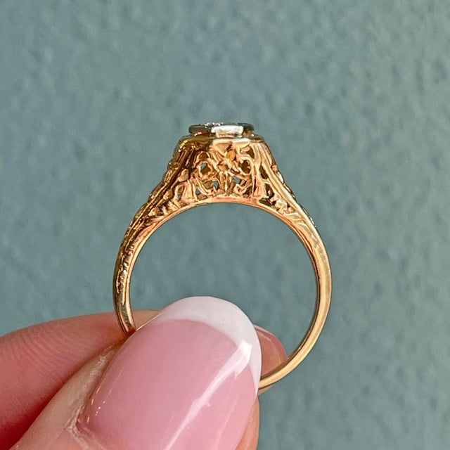 1920s Art Deco 14k Filigree Diamond Solitaire Ring, Size 5.25 For Sale In Madison - Image 6 of 8