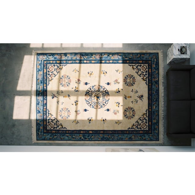 Textile 1930s Beige Floral Medallion Antique Chinese Peking Rug 8' 0" X 10' 0" Handknotted Wool Carpet For Sale - Image 7 of 9