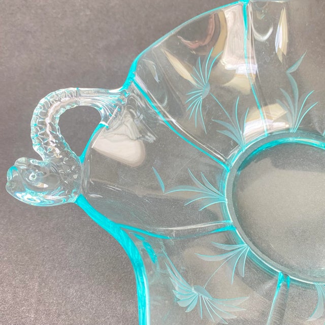 Art Nouveau Vintage Fenton Dolphin Glass Aquamarine Blue Handled Dish Etched Bowl Koi Fish Sea Creature For Sale - Image 3 of 13