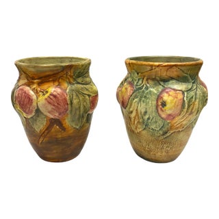 Pair of Weller Art Pottery Baldin Pattern Apple Vases – Hand Painted – Early 20th Century For Sale