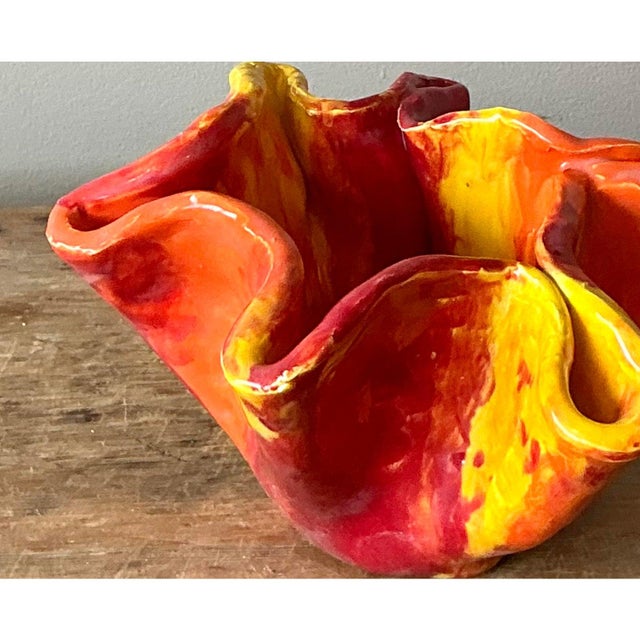 Contemporary Vintage Boho Ruffle Stripe Studio Pottery Bowl For Sale - Image 3 of 7