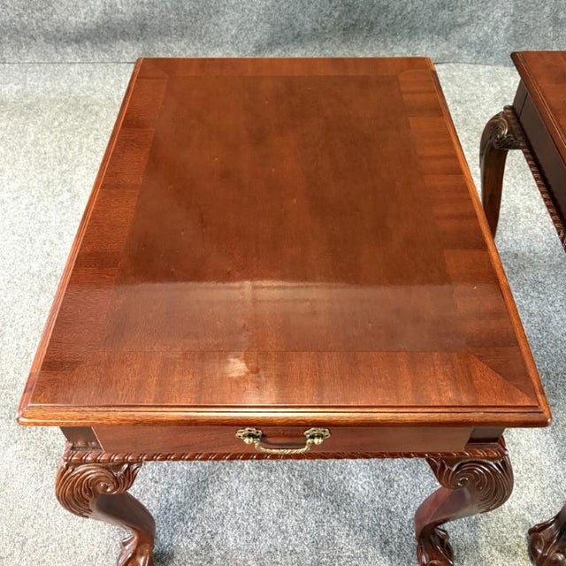 Brown Pair of Ethan Allen 18th Century Mahogany Collection Chippendale Side Tables For Sale - Image 8 of 14
