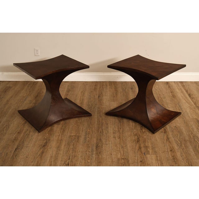 High Quality Pair Of Sculptural Side Tables Featuring Coconut Shell Veneer Construction With Dramatic Curved Pedestal...