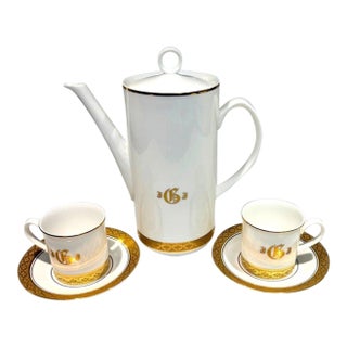 Vintage American Royalty Gold Monogram Coffee Chocolate Pot Demitasse Set - 5 pcs For Sale