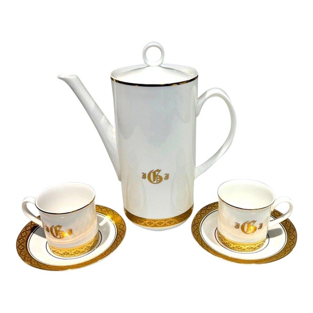 Vintage American Royalty Gold Monogram Coffee Chocolate Pot Demitasse Set - 5 pcs For Sale