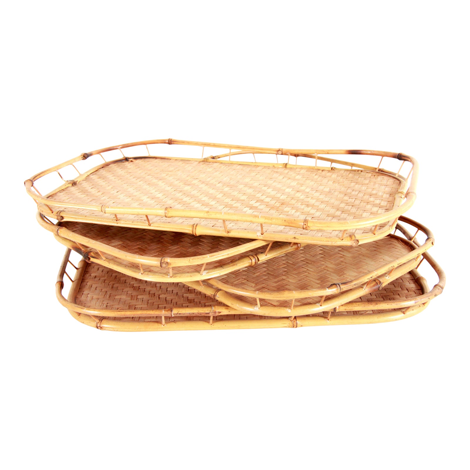 Vintage Mid Century Woven Rattan Stacking Serving Trays Set of 4