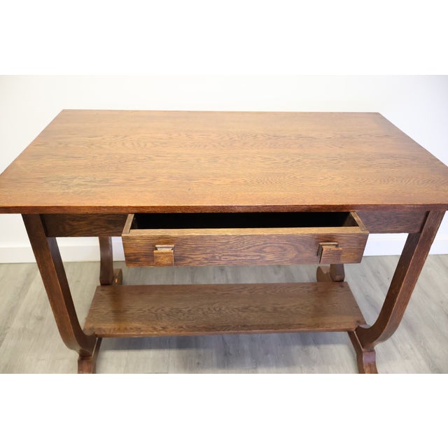 Mission Antique Arts & Crafts Oak Library Table With Lyre-Form Supports & Bookshelf, C 1910–1920 For Sale - Image 3 of 9