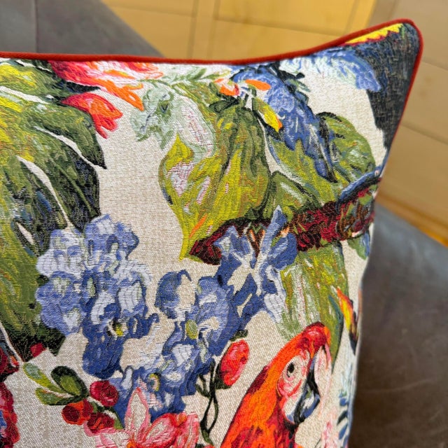 Ivory Scarlet Macaw Toucan Woven Cushion Cover For Sale - Image 8 of 10
