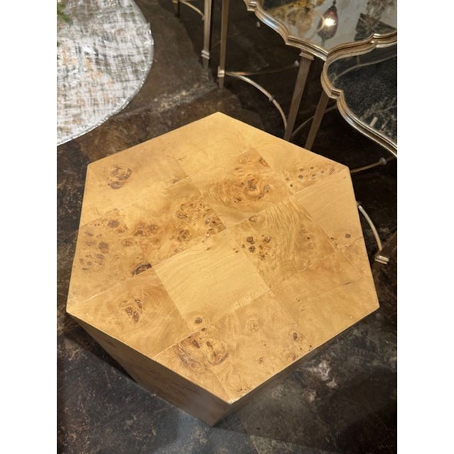 Pair of Italian MCM Burl Elm Hex Tables For Sale In Dallas - Image 6 of 6