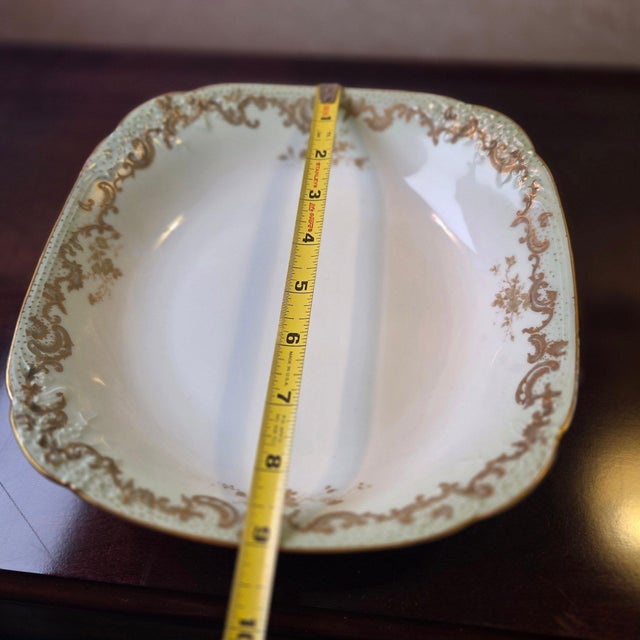 Antique 1890s Limoges Elite Works 9" Square Serving Bowls – Celadon Dots & Gold Scrolls - a Pair For Sale - Image 12 of 13