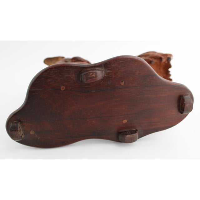 1900 - 1909 Antique Japanese Wood Shishi Foo Dog Lion Okimono Meiji Taisho Inlaid Eyes 10.5” For Sale - Image 5 of 7